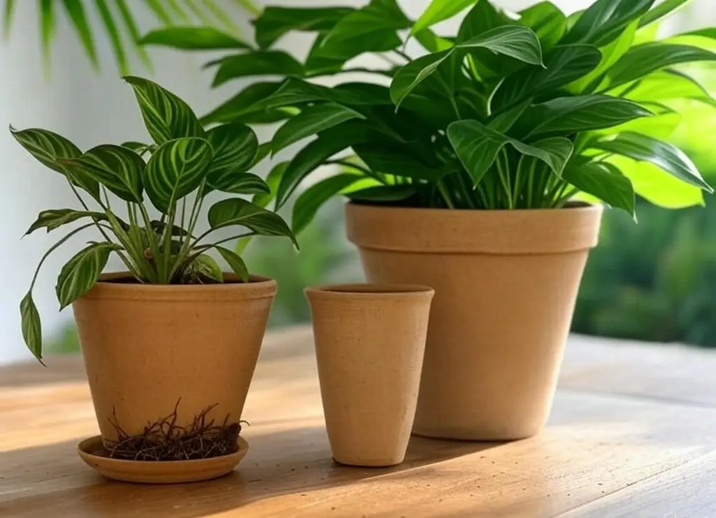 Comparison of pot sizes for Calathea, showing healthy growth in a larger pot for preventing root binding.
