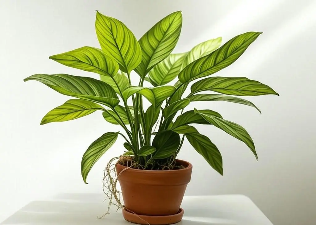 Calathea plant in a small pot with yellowing leaves due to root binding, showcasing tropical houseplant care challenges.