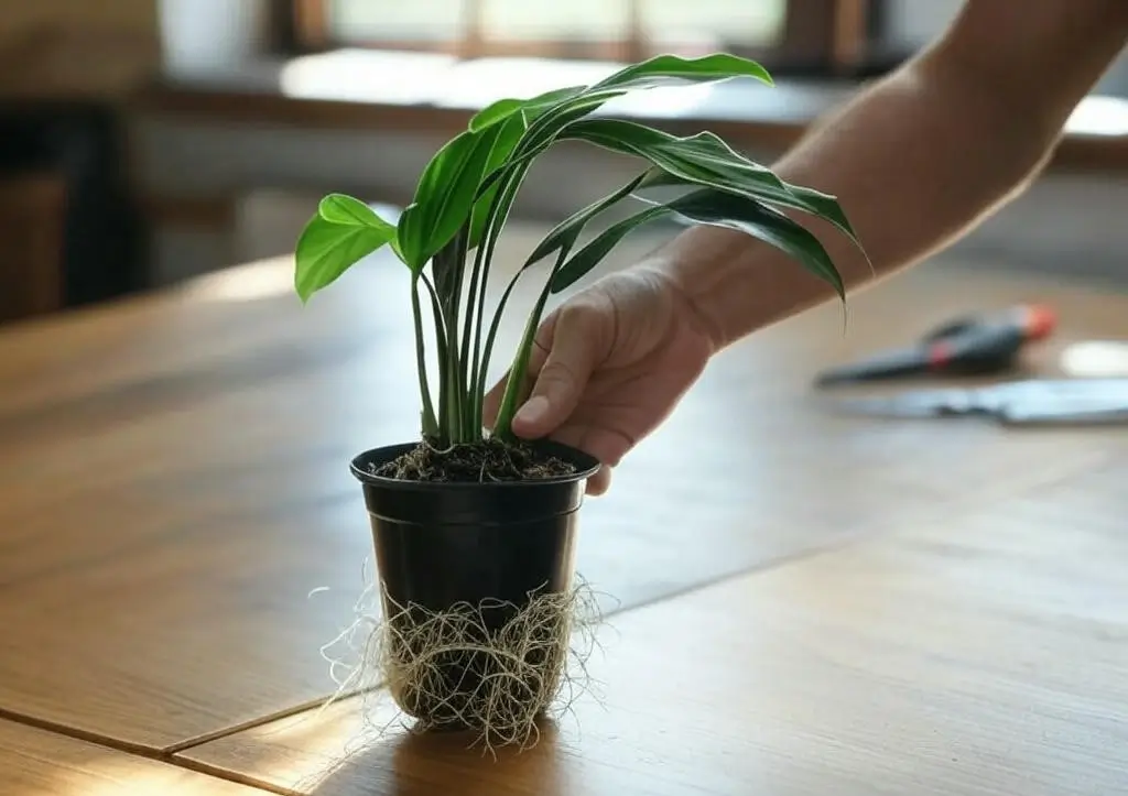 Removing a root-bound Calathea from a pot during repotting, demonstrating Calathea care techniques.