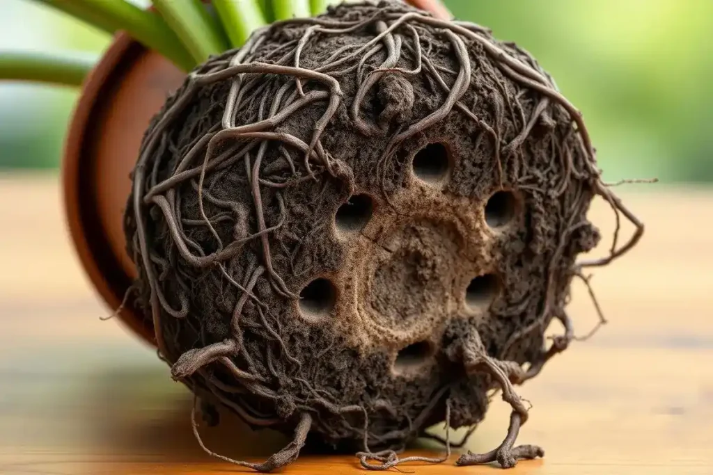 Close-up of root-bound Calathea with circling roots and drainage hole overflow, illustrating houseplant root health signs.