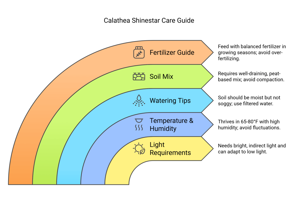 Infographic showing key care tips for Calathea Shinestar plants.