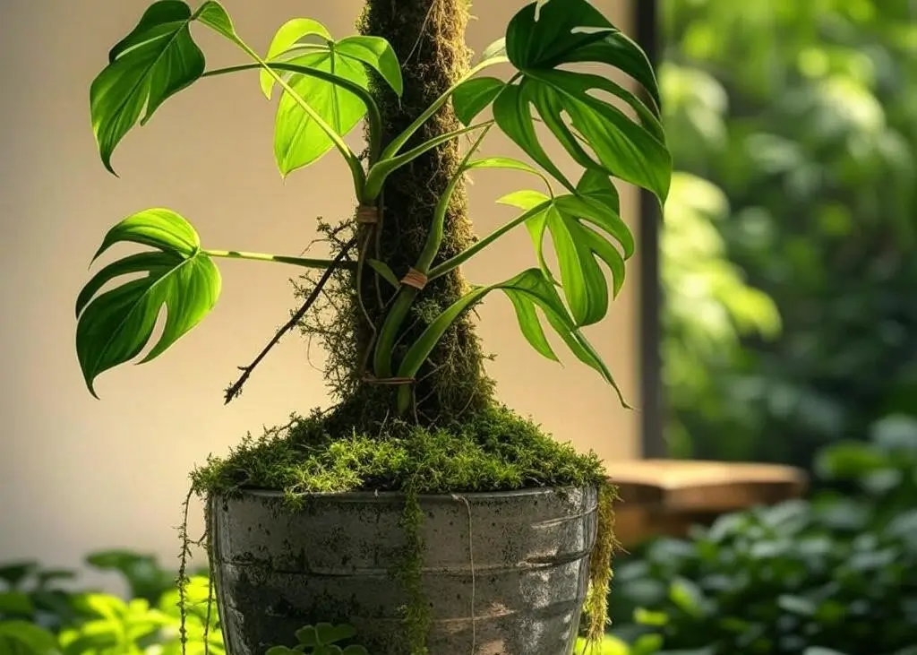 A Monstera plant climbing a tall moss pole in a ceramic pot, with aerial roots gripping the pole and large, fenestrated leaves unfurling, set against a neutral indoor background.