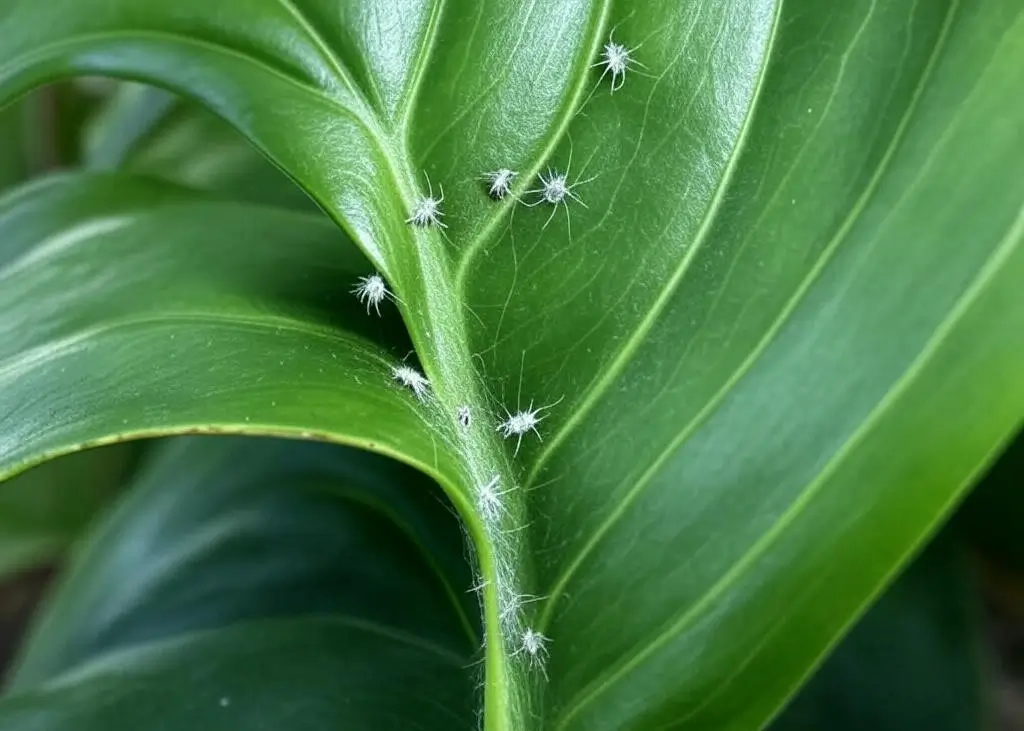 A close-up of a Monstera leaf showing tiny spider mites with fine webs on the underside, contrasted with a healthy, glossy green section of the same leaf.