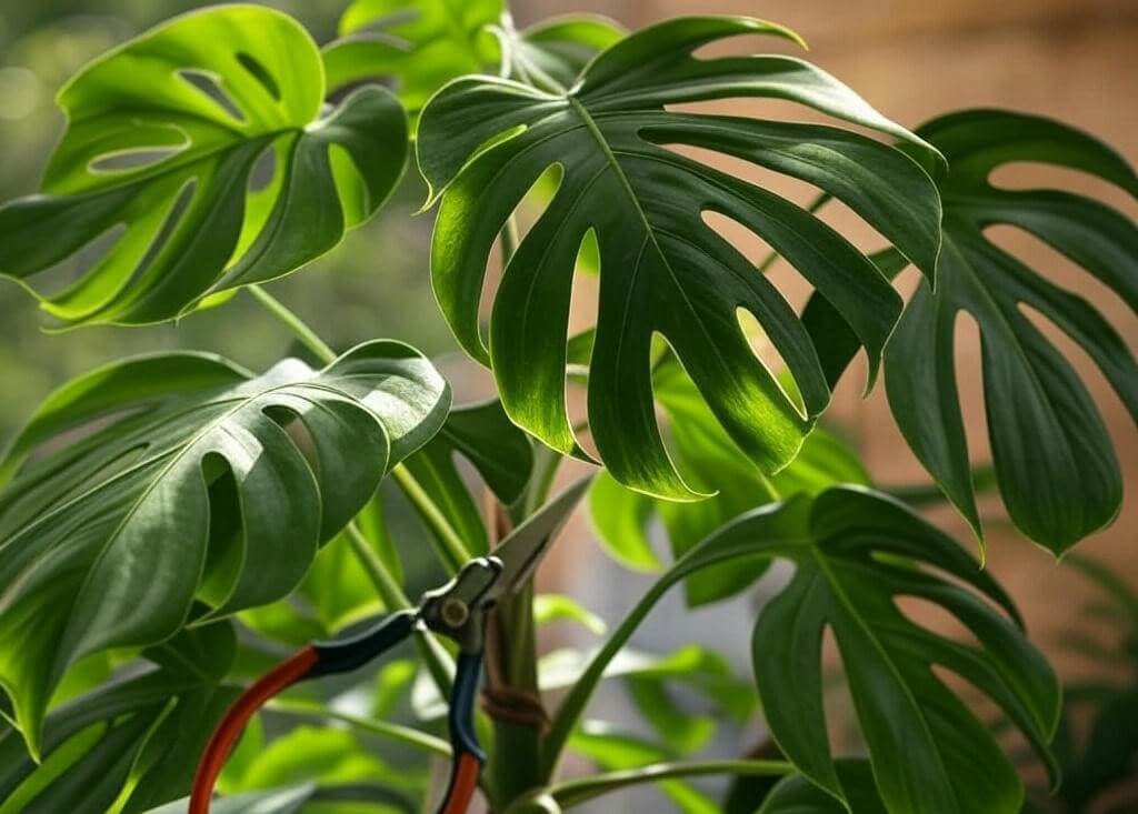Pruning a Monstera plant to encourage faster growth, showing shears and cut leaves.
