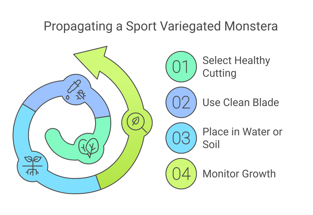 Infographic illustrating key steps to propagate a Sport Variegated Monstera.