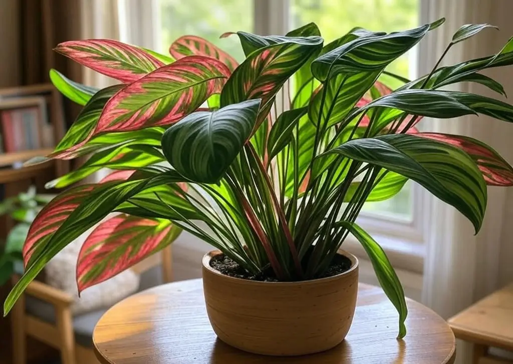 Healthy Calathea in bright indirect light near east window with sheer curtain indoors.
