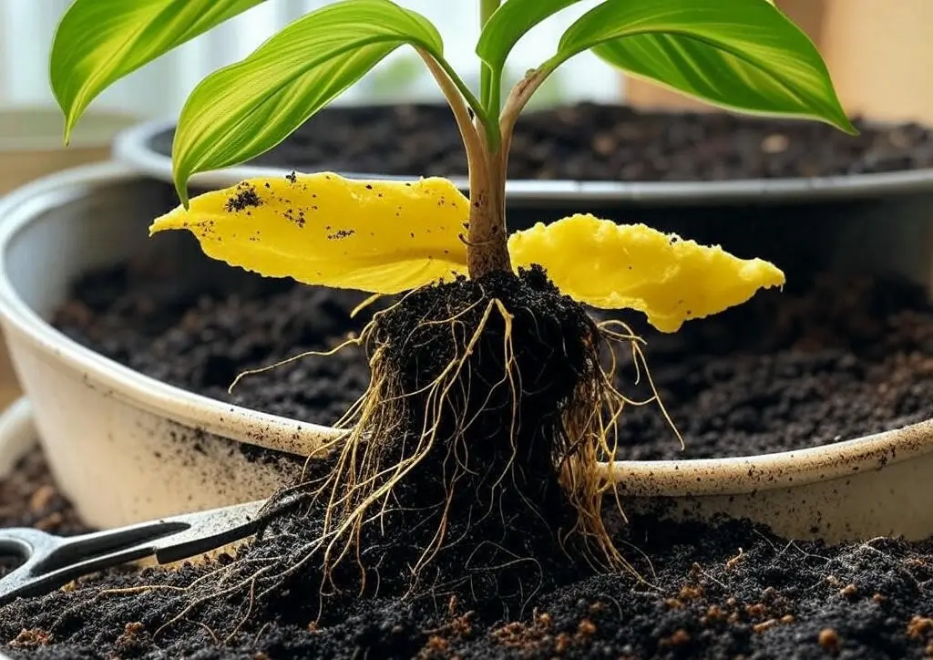 Close-up of drooping Calathea with yellow mushy leaves and black root rot, being trimmed with scissors next to fresh soil pot.