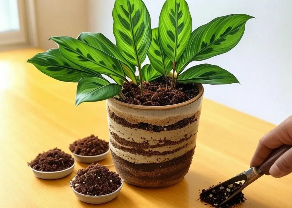 Healthy Calathea in well-draining soil mix with peat, perlite, orchid bark, and coco coir on a table.